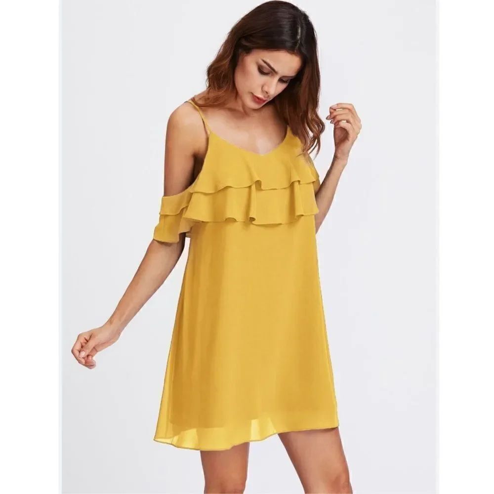 Lulus Ruffle Mini Chiffon Shift Dress Cold Shoulder Yellow Size Small